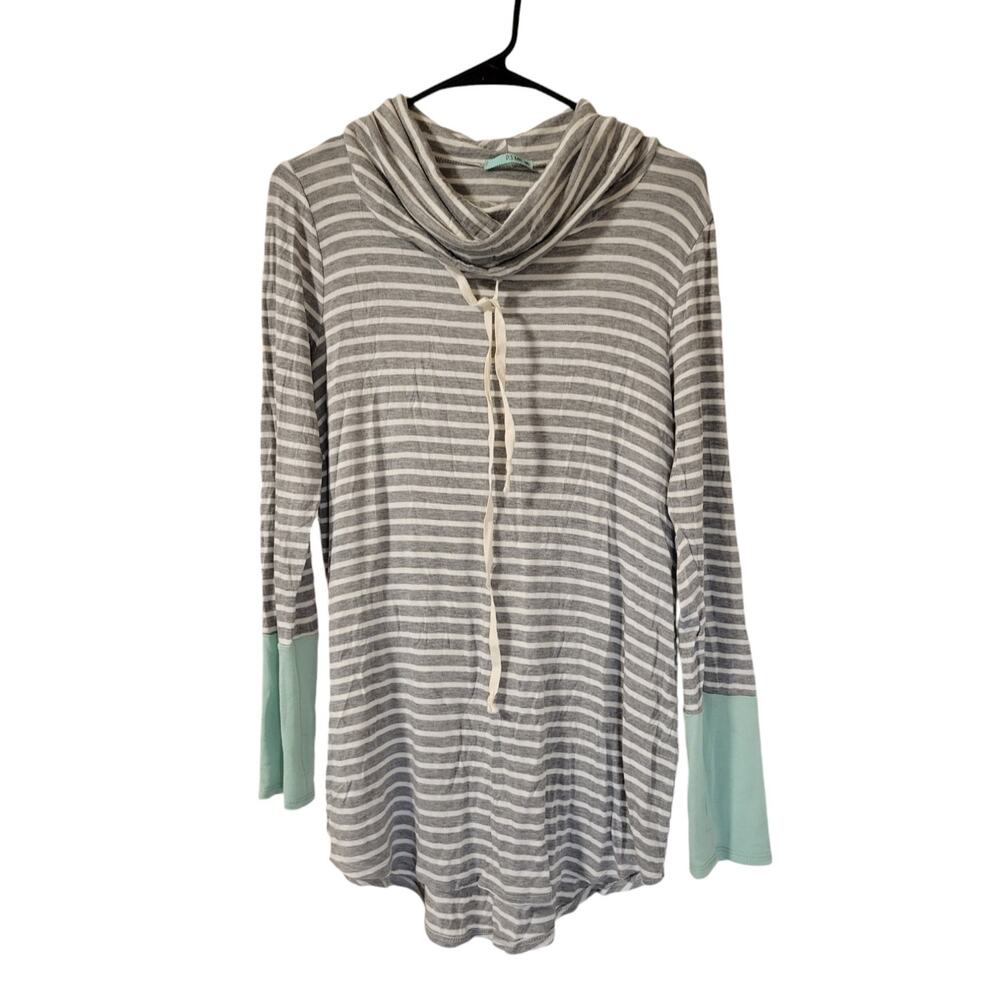 P.S. Kate Gray Stripe Cowl Neck Long Sleeve Mint Green Sleeve Cuffs Size M